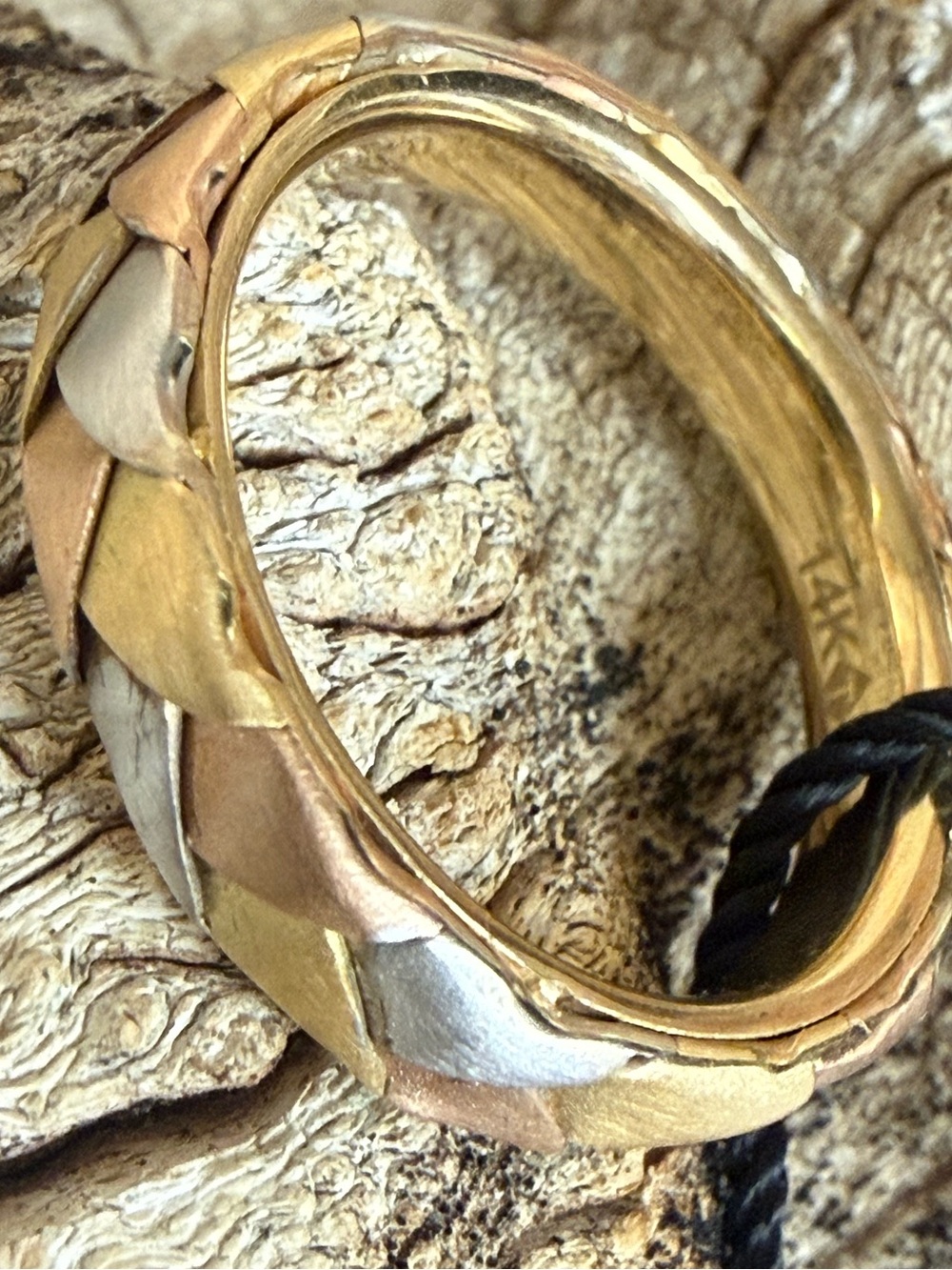 Unisex 25 Karats yellow, rose and white gold braided band. New in box.